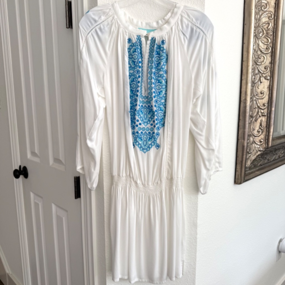 🌊 Melissa Odabash White & Teal Embroidered Beach Dress / Cover-Up 🌊 - Picture 3 of 5
